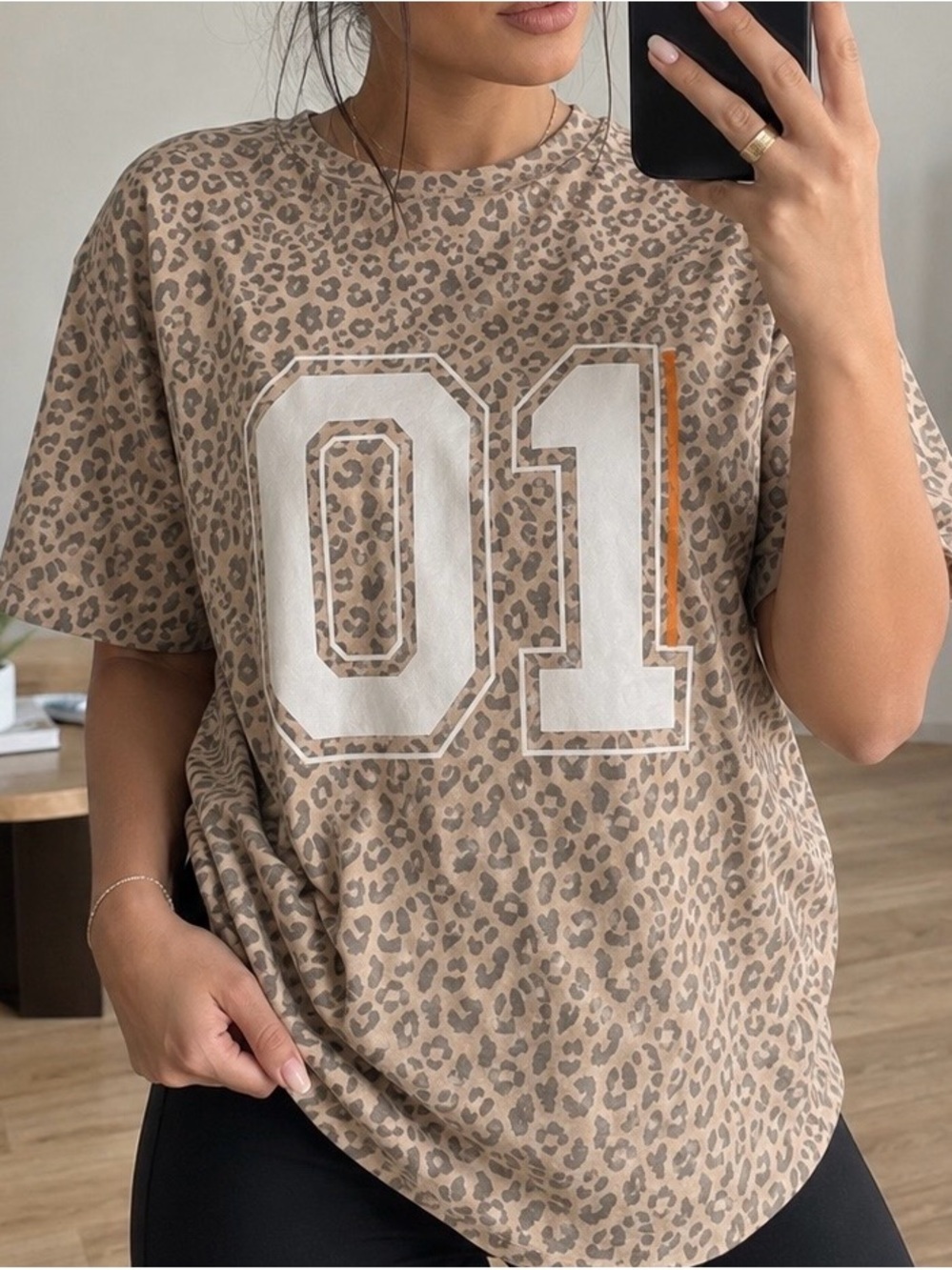 Leopard Print '01' Short Sleeve Tee in Beige